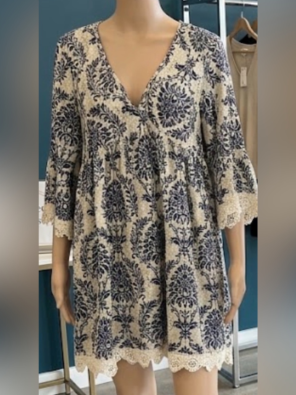 SHEIN Cream and Navy Floral Lace-Trim V-Neck Dress